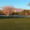 A view of a green with water coming into play and mountains in background at El Rio Golf Course.