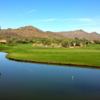 A view over the water of a green at Rancho Manana Golf Club.